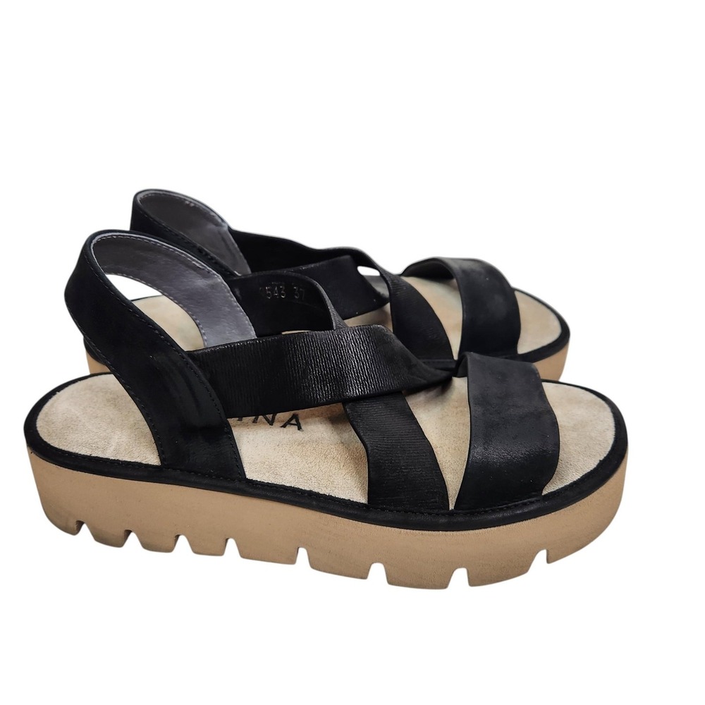 LOFINA Sandals Womens EU 37 Black Leather Slingback Comfort Wedge Platform